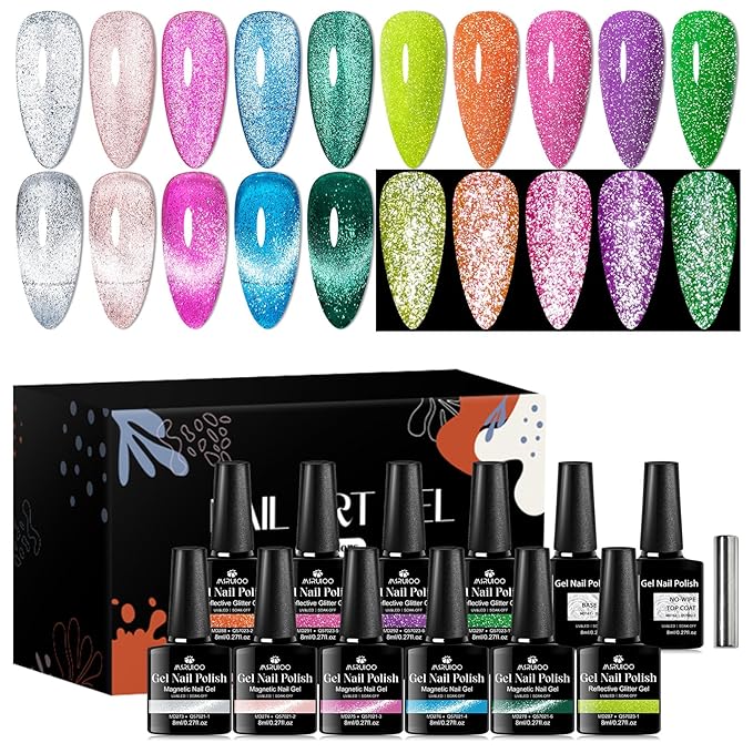12Pcs Glitter Cat Eye Gel Nail Polish, Magnetic Cat Eye Gel Polish Set with Magnet + Reflective Glitter Gel Polish Set Christmas Manicure Kit 10 Colors