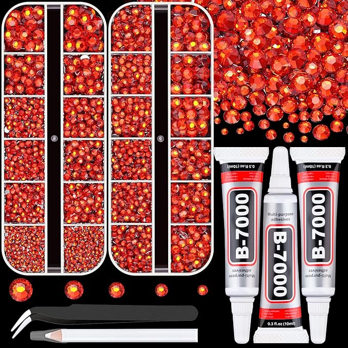 Resin Rhinestones for Crafting with B7000 Jewelry Glue, 2 Boxes Red Zircon Flatback Crystals with 3Pcs 10ml Glue for Bedazzling Crafts DIY Nail Art Makeup, Gems for Clothing Shoes
