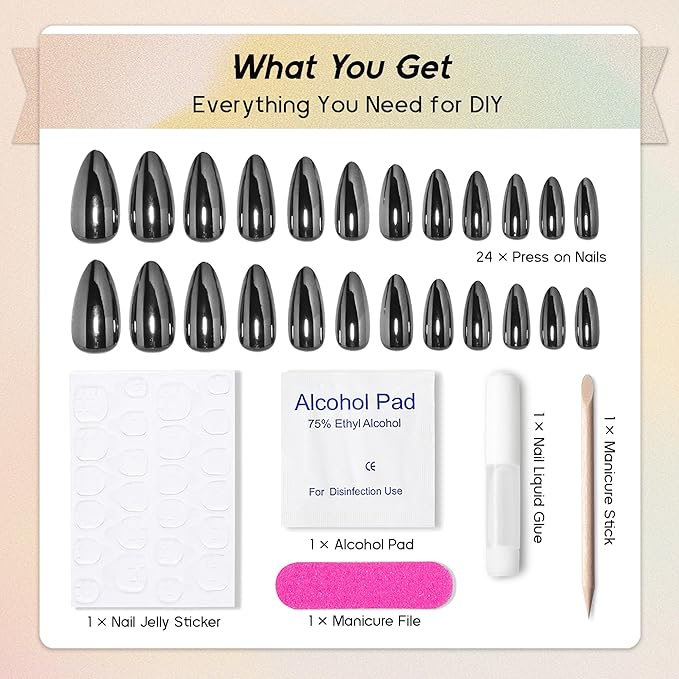 Chrome Press On Nails Almond, Metallic Black Sliver Mirrored Glue on Nails Medium Press Ons, Acrylic Natural Fit Stick on Nails in 12 Sizes - 24Pcs Fake Nail Kit for Women Daily & Party Wear