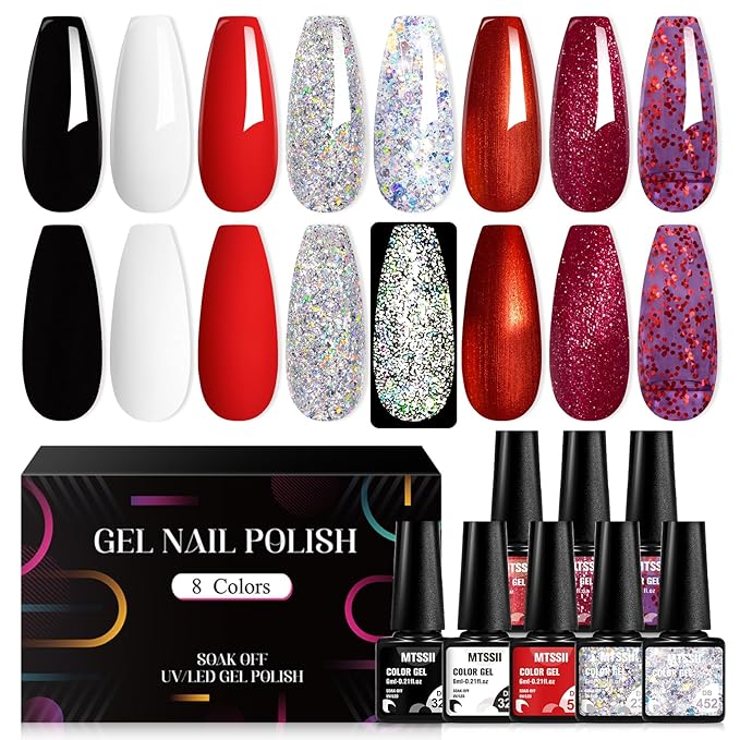 MTSSII White Red Gel Nail Polish Set, 8 Colors Black Bloody Red Shimmer Red Silver Soak Off Gel Polish Kit for Salon and Nail Art DIY at Home