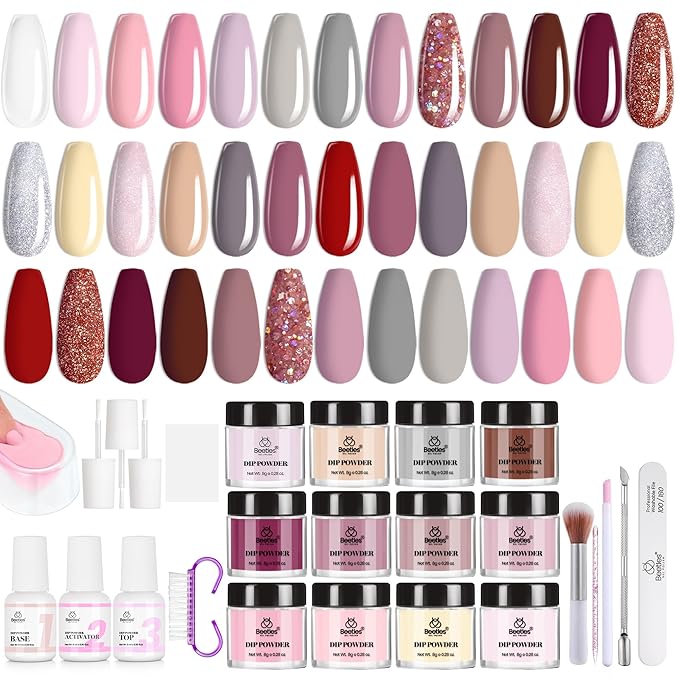 Beetles 36Pcs Dip Powder Nail Kit Starter, 20 Colors Nude Pink Yellow Gray Glitter Burgundy Dipping Powder Set with Base Top Coat Activator Brush Saver for Nail Art Manicure Gift for Women