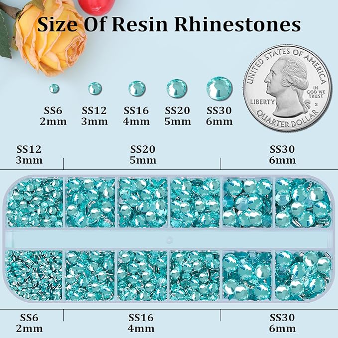 Resin Rhinestones for Crafting, 1 Box Lake Blue Flatback Crystals for Bedazzling Crafts DIY Nail Art Deco, Non Hotfix Bulk Gems for Tumbler Shoes Clothing Fabric Face Makeup