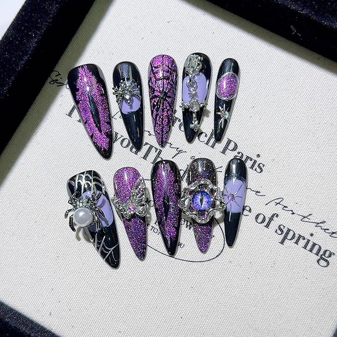 Handmade Press on Nails Purple Glitter False Nail Halloween Press on Nails 3D Luxury Spider & Eyeball Designs Thick Long Almond Fake Nail Full Cover Halloween Spider Web Stick on Nail for WoAmen (M)