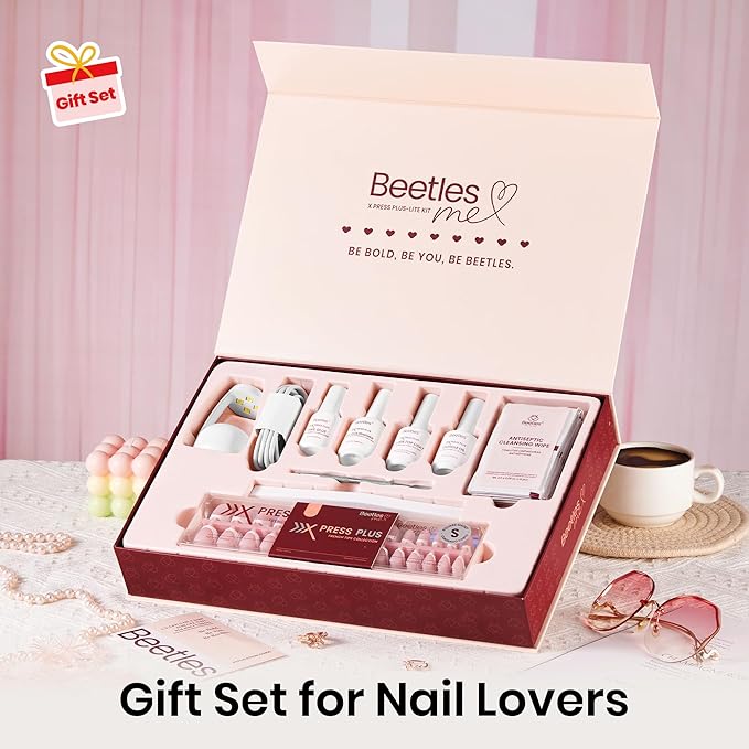 Beetles X Press Plus On Nails Kit-Short Square French Tip Press On Nails Kit with 150Pcs Pink French Nail Tips Nail Glue & Remover Builder Top Coat Nail Lamp,All-in-One DIY Fake Nails Gift for Women