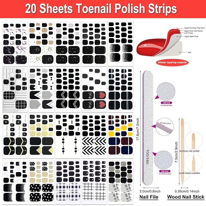DANNEASY 20 Sheets Toe Nail Stickers Full Nail Wraps - Black, Toenails Polish Strips Self Adhesive Toenail Polish Stickers Gel Strips Manicure Sticker Nails for Women with File, Cuticle Stick