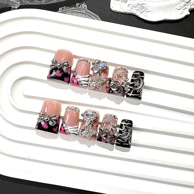 Handmade Short Duck Press on Nails Luxury 3D Unique Reusable ABS Material Fake Nails Black French Tip False Nails with Charms Designs Sparkly Glossy Glue on Nail for Women 10Pcs (Size M)