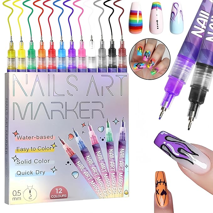 12 Color Nail Art Pens for Painting Nails, 0.5 MM Nail Polish Pens Drawing Point Liner Painted Pen Kit, Waterproof Quick-drying for DIY Nails Art Design Manicure Tools