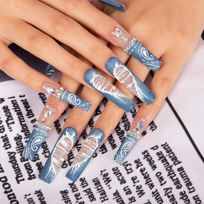 LOVFUL Press on Nails Denim Seraph Blue French Tip | Handmade with Full Covered Crystals | Reusable Fake Nails | Square Mid length 1.7in | H194-S