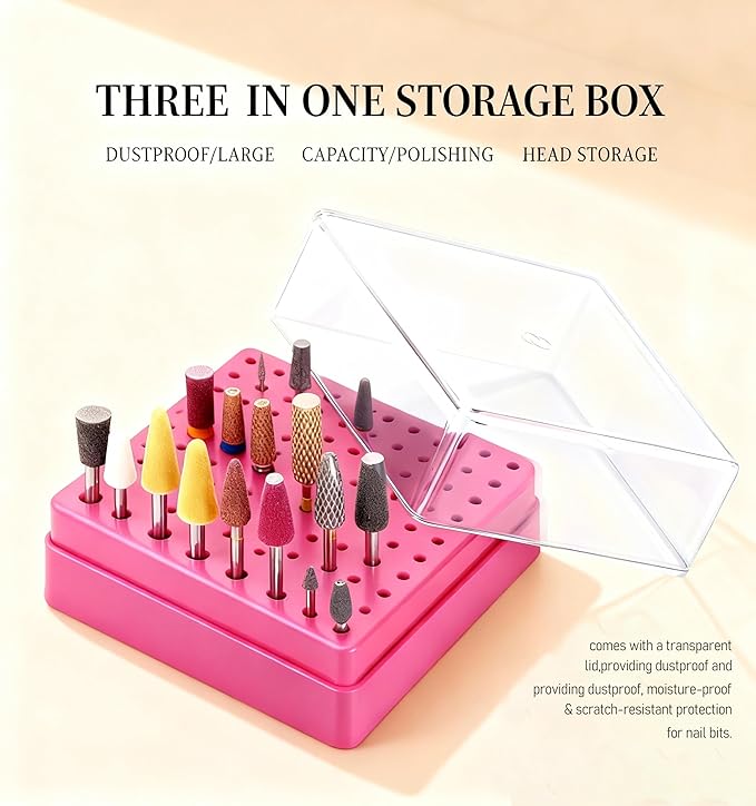2 in 1 Nail Drill Bit Holder , 100 Holes Nail Drill Bits Organizer Display Stand Container Box, Manicure Drill Cleaning Brush, Professional Box Container for Manicure Tools ( Large)
