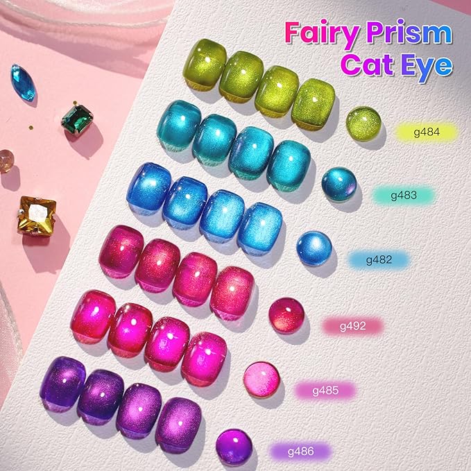 Beetles Fairy Prism Cat Eye Gel Nail Polish Set - 6 Colors Glitter Cat Eye Gel Polish Kit Red Green Blue Pink Purple Magnetic Shine Soak Off UV Salon DIY Manicure Spring Gift for Women