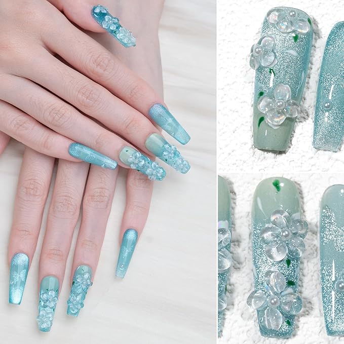 Sun&Beam Nails Handmade Press-on Medium Long Coffin Ballerina Blue 3D Flower Minimalist Design Fashion False Nail Tips 10 Pcs Set (#245 L)