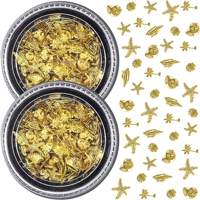 2 Disc Ocean Nail Art Charms, 3D Metal Nails Stickers, Beach Starfish Seashell Decals Manicure DIY Embellishments for Women- Gold