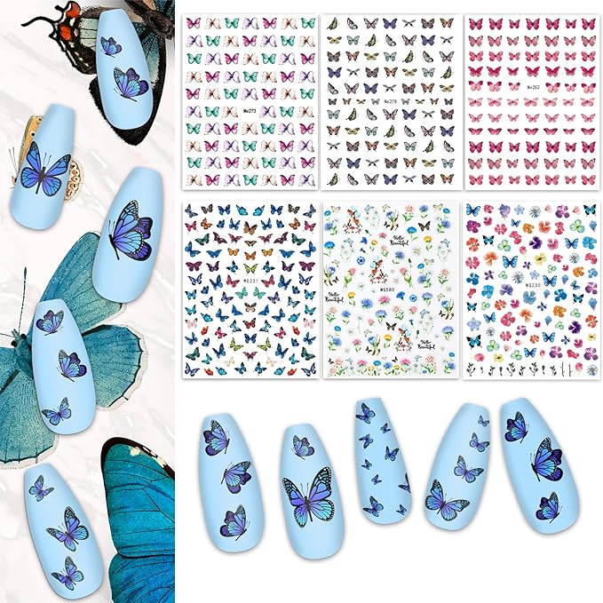 Whaline 18 Sheets Floral Butterfly Nail Art Stickers Daisy Flower Blossom Sunflower Bee Assorted Colorful Decorative Self-Adhesive Nail Decals for Spring Summer DIY Manicure Party Decor