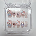 Acrylic Pink Rabbit Press on Nails Medium Square,Reusable Handmade Kawaii bow pearl Gel Nails Press On, Luxury Fake Glue Stick on Nails,10 Nails Size S,#949