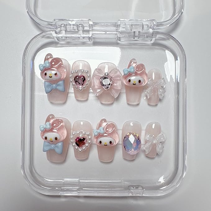 Thick Gel Press On Nails,Pink Acrylic Handmade Square Fake Nails, Reusable Cute Rabbit Kawaii Luxury Glue On Nails Set With Application Tools,10 pcs Size L,#949