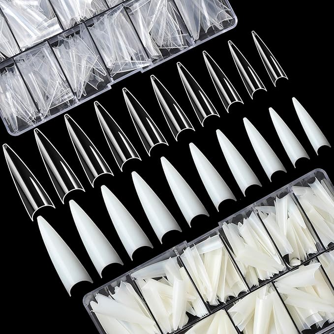 FEBSNOW 1000PCS Long Stiletto Nail Tips Acrylic Nails Artificial Half False Flake Nail Tips 10sizes with Clear Plastic Cases for Nail Salon Nail Shop Diy Nail Art Ballerina Nails (Clear+Natural)