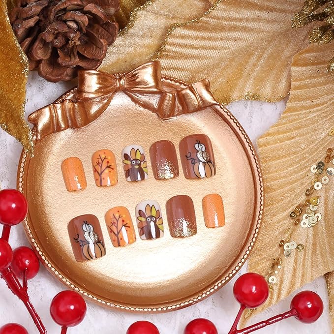 24Pcs Thanksgiving Press on Nails Short Square Fake Nails with Turkey Pumpkin Tree Design Fall False Nails Orange Full Cover Artificial Glue on Nails Glitter Stick on Nail for Women Manicure DIY