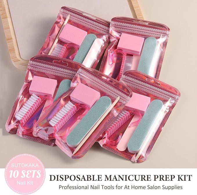 10 Sets Disposable Manicure Prep Kit for Travel Home, Portable Basics 5 in 1 Nail Salon Pedicure Kit, Professional Nail Tool Supplies, Nail File, Mini Buffer, Wood Stick & Handle Grip Brush