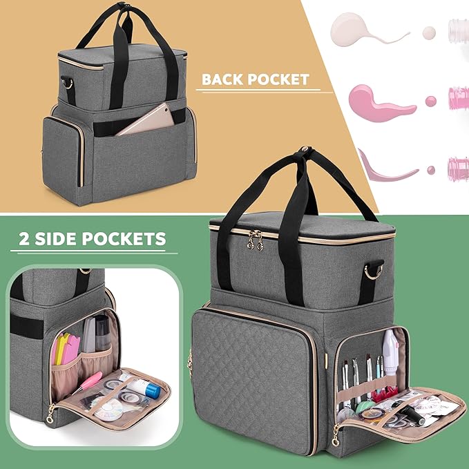LUXJA Nail Polish Organizer Holds 70 Bottles and a Nail Lamp, Nail Polish Case with 2 Removable Bags and Tools Storage Pockets (Patent Pending), Gray