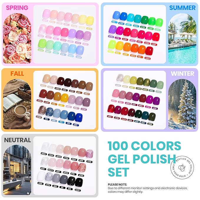 Beetles Gel Nail Polish Set - Chroma Dreams 100 Colors Polish Kit, Pink Blue Orange Purple Gel Nail Colors, with 5Pcs Base Top Coat Soak off UV Gel