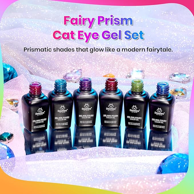 Beetles Fairy Prism Cat Eye Gel Nail Polish Set - 6 Colors Glitter Cat Eye Gel Polish Kit Red Green Blue Pink Purple Magnetic Shine Soak Off UV Salon DIY Manicure Spring Gift for Women