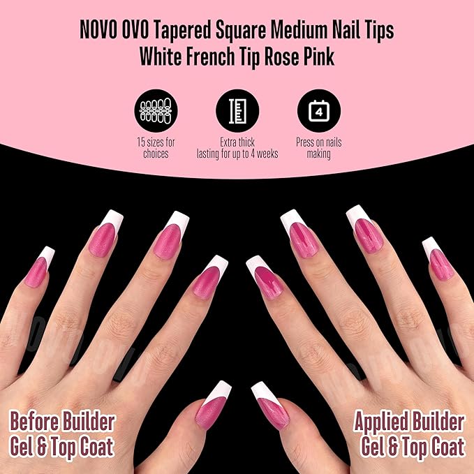 NOVO OVO White French Tip Coffin Nail Tips Press on, ROSE PINK, Extra Thick Medium Soft Gel Fake Nail Acrylic Extension, Need Builder Gel Top Coat, No Glue Included, for Salon DIY 15 Sizes x 240 pcs