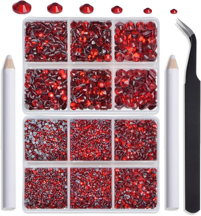 NCB Hotfix Iron on 8000pcs Crystal Rhinestones Round Gem for Crafts Decoration DIY Jewelry Making with a Tweezers and 2 Picking pens (Siam, 6Sizes SS4-SS30)
