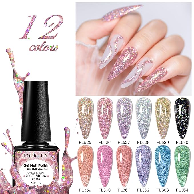 Gel Polish Reflective Glitter Gel Nail Polish Set, 12 Colors Holographic Sparkle Glitter Gel Flash Diamond Sliver Gold Pink Blue UV LED Soak Off Manicure Kit Gift for Women Girls