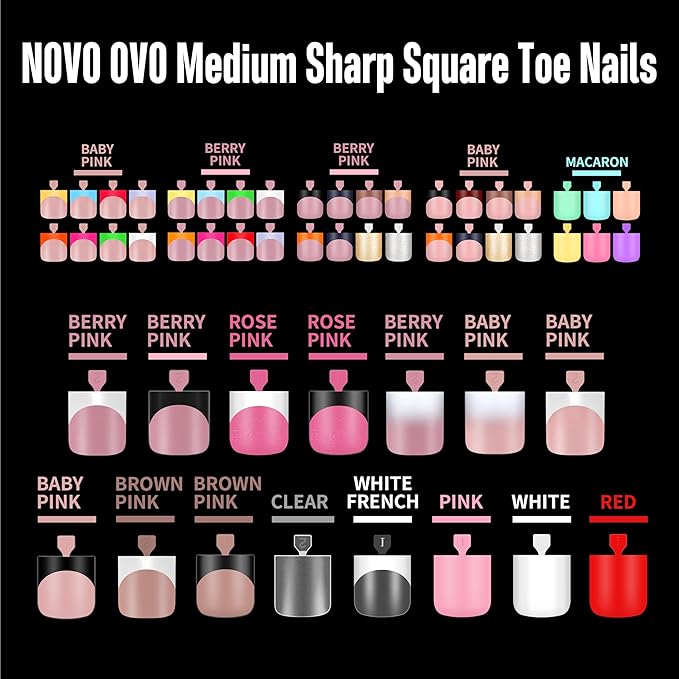 NOVO OVO PASTEL Toe Nail Tips Press on Macaron Color Colorful 6 Mix Dopamine Shade, Sharp Square Soft Gel Thick False Toenail Extension, Medium Wide Fake Toenails,Full Cover Acrylic x 15 Sizes 180 pcs