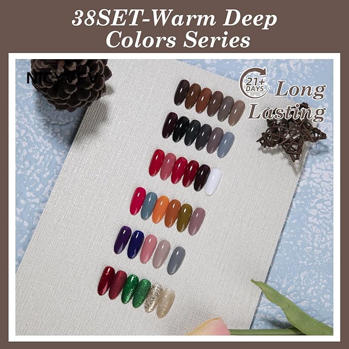 38 PCS Gel Nail Set, 32 Colors Dark Red Brown Grey Earthy Shades Gel Polish Set, with Gold Silver Glitter and Glossy Matte Top Coat, Base Coat Builder gel, for Women Gift Kit