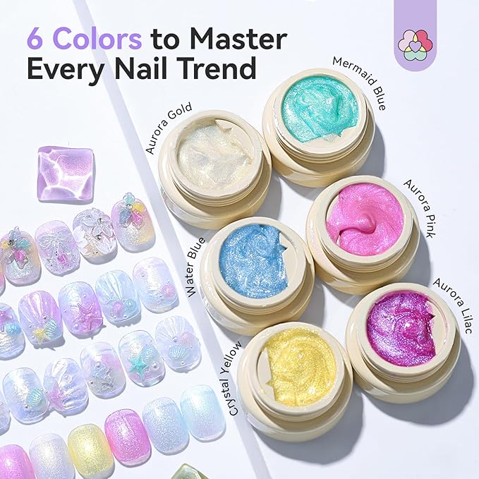 SAVILAND 3D Gel Nail Art Set: 6 Colors Dreamy Aurora 3D Nail Gels No Wipe Sculpting Gel for Nail Art with Clear Solid Builder Gels Chrome Powder Silicone Mold for Nails Design Home Salon Manicure DIY