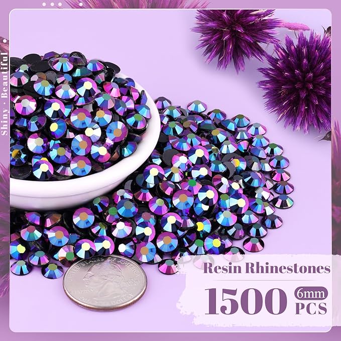 1500PCS 6mm Resin Jelly Rhinestones in Bulk (Purplish Black AB), Bedazzling Flatback Crystals Rhinestones for Crafting DIY Nail Decoration, Gems Diomand Charms for Tumbler Shoes Clothing Fabric
