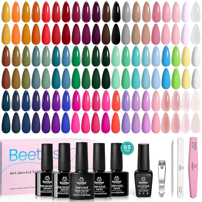 Beetles Gel Nail Polish Set - Emotional Spectrum 69PCS 60 Colors Gel Polish Kit Base Coat Glossy & Matte Top Coat UV Led Soak off Collection Brown Red Black Nude White Valentines Gifts for Women