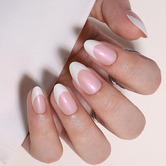 French Tip Press On Nails - White Almond Press On Nails, Short Fake Nail with Nail Glue, Artificial Nail 16 Sizes - 32Pcs Reusable Soft Gel False Nail Tips Kit,Stick On Nail for Women