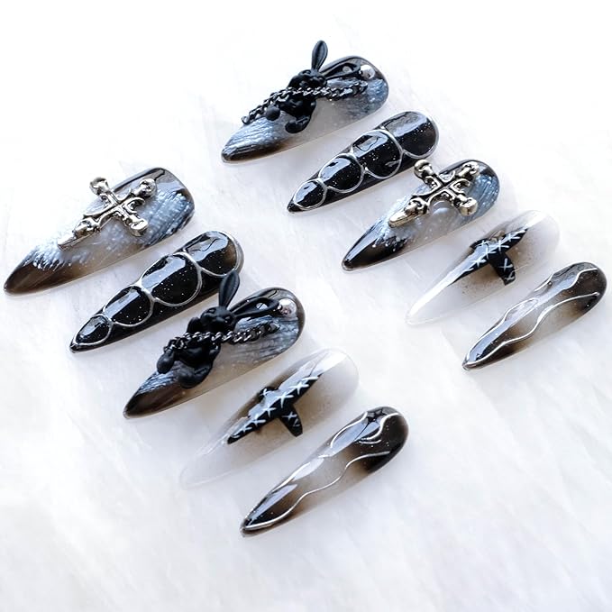 Gothic Press-On Nails, Long Stiletto Shape, Black with 3D Bunny and Cross Design, Handmade False Nail 10 Pieces (XS, LS)