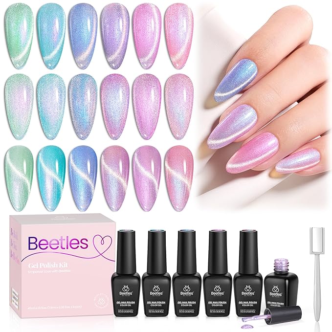 Beetles Prismatic Mirage Cat Eye Gel Nail Polish Set - 6 Colors Spring Cat Eye Gel Polish Kit Green Pink Blue Purple with Magnet Soak Off UV Salon Nail Art Manicure Gift for Women