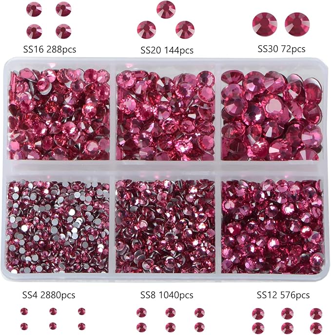 Bymitel 5000 Pieces 6 Mixed Sizes Glue Fix on Glass Rhinestones Round Crystal Gems Flatback for DIY Jewelry Making with one Picking Pen(6-Sizes 5000PCS, Rose)