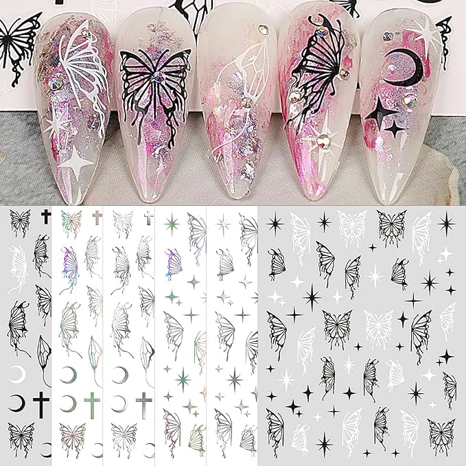SILPECWEE 6 Sheets Butterfly Nail Stickers - 3D Nail Art Decals, Metallic Silver Aurora Retro Designs, Self-Adhesive Manicure Stickers