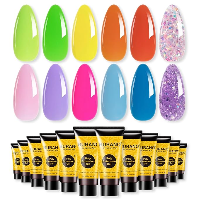 BURANO Poly Nail Gel Set, 12 Colors Nail Poly Nails Extension Gel Kit for Beginner Professional Salon Using Home DIY 15g (kit03, 15g)