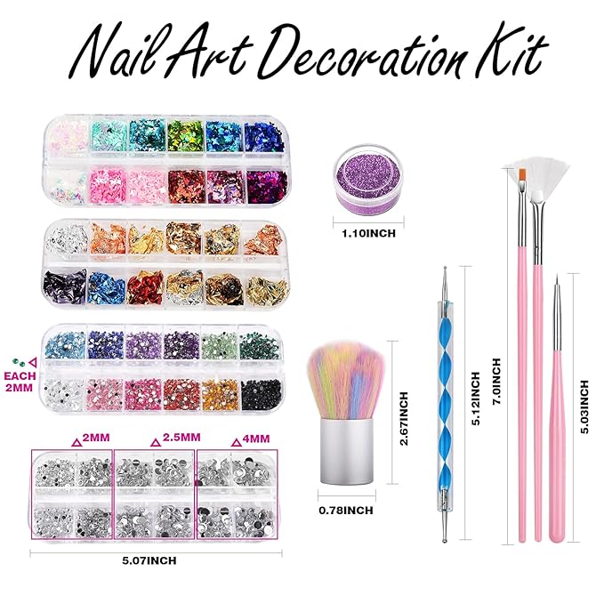FANDAMEI Nail Art Kit, Nail Art Brushes Set, Nail Design Kit Dotting Tools, Fine Nail Glitter, Nail Decoration Butterfly Heart Glitter Sequins, Foil Flakes, Nail Rhinestones, Dust Brush