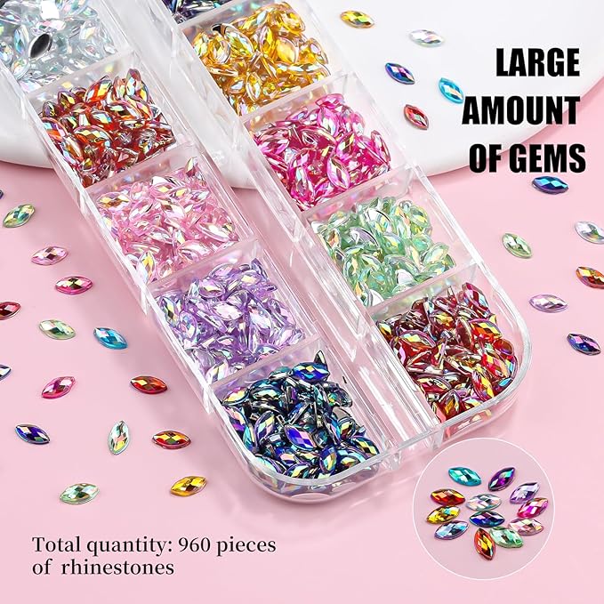 960pcs 3x6mm Horse Eye Nail Rhinestones, 12 Colors Sparkling Shiny Crystal AB 3D Flatback Gems Shiny Nail Diamonds with Tweezers and Dual-end Brush for Crafts DIY, Face Makeup Gems Jewels (10-K1)