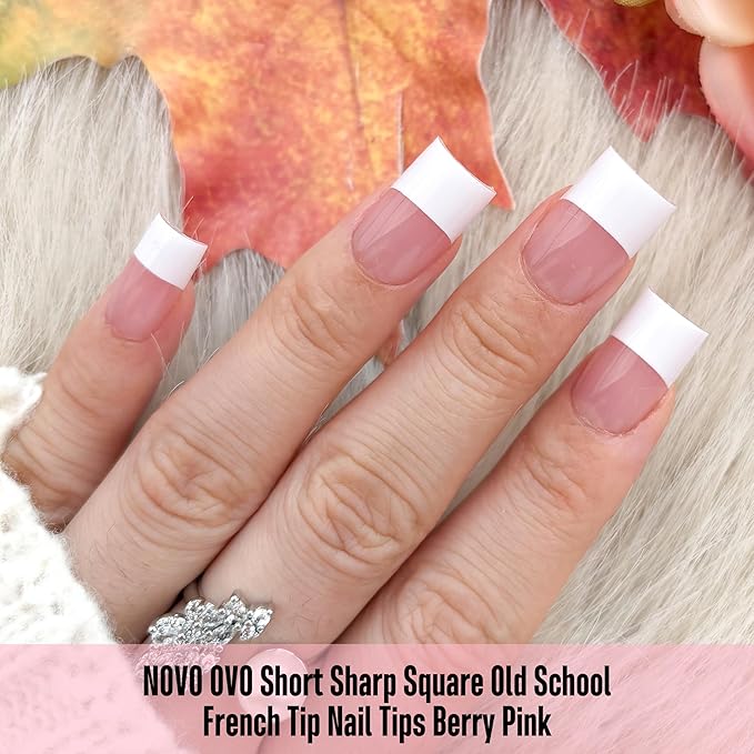 NOVO OVO Old School Wide White French Short Sharp Square Tip Nail Tips Press on BERRY PINK, Need Builder Gel Top Coat Nail Glue, Soft Gel Full Cover Fake Nail Extension, for DIY x 15 Sizes 240 pcs