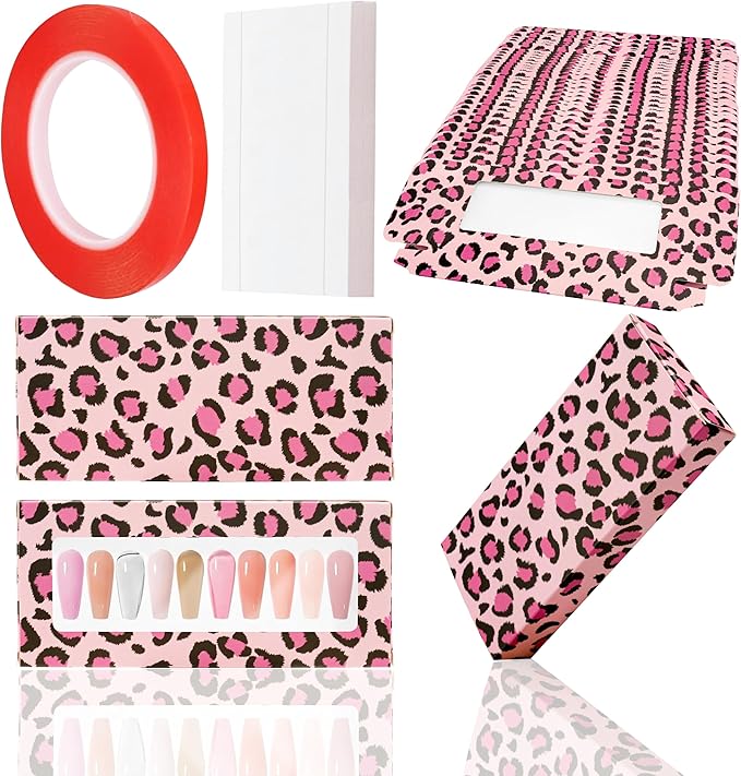71 Pcs Empty Press on Nails Packaging Box 35 Pcs White Background Papers and 1 Double Sided Tape, Empty Nail Package Box Set for Press on Nail Business (Pink Leopard)