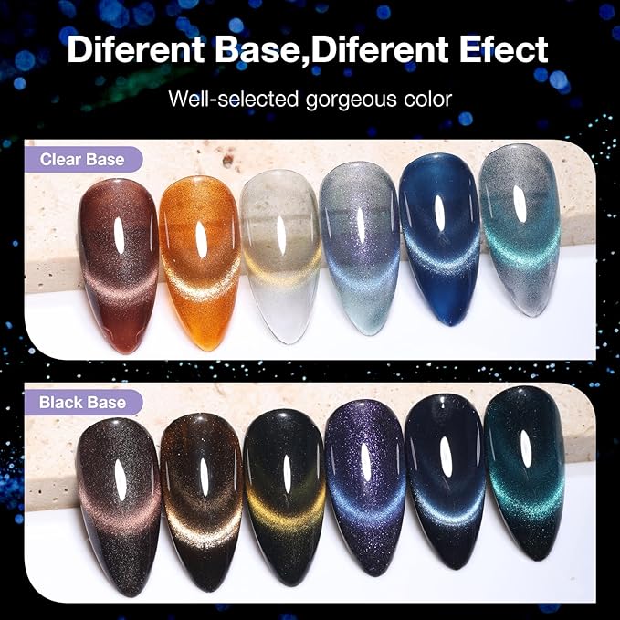 Cat Eye Gel Nail Polish Set, 6 Colors 12ML - 9D Glassy Holographic Glitter, Magnetic Nail Art Kit with Magnet, Soak Off UV LED Gel for DIY Home Salon Manicure Gift for Women