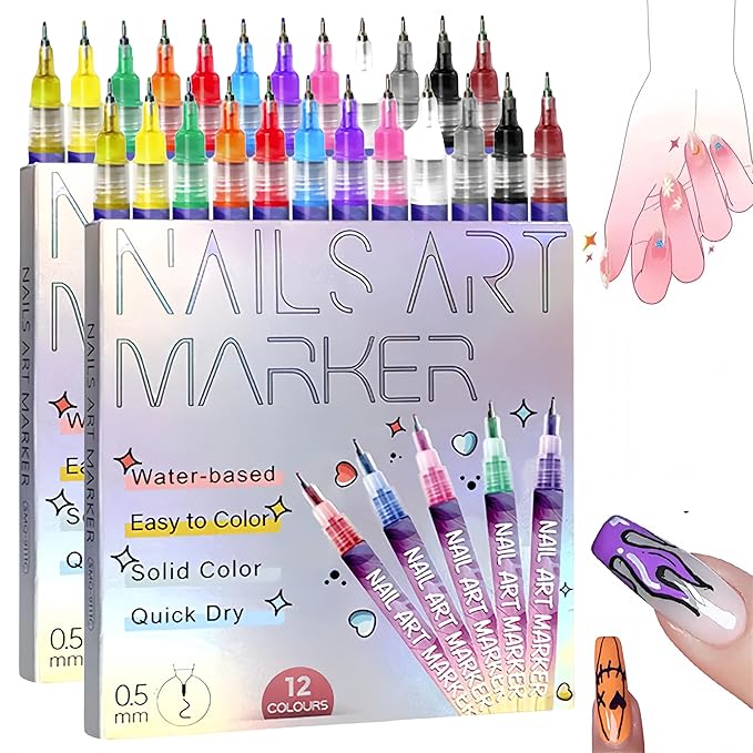 Nail Art Markers for Gel Nails,12 Colors Nail Art Pens Set DIY Nail Art Marker Drawing Painting 3D Nail Polish Pens, Quick Dry Graffiti Dotting Point Liner Pens for DIY Nail Art (24 Pcs)
