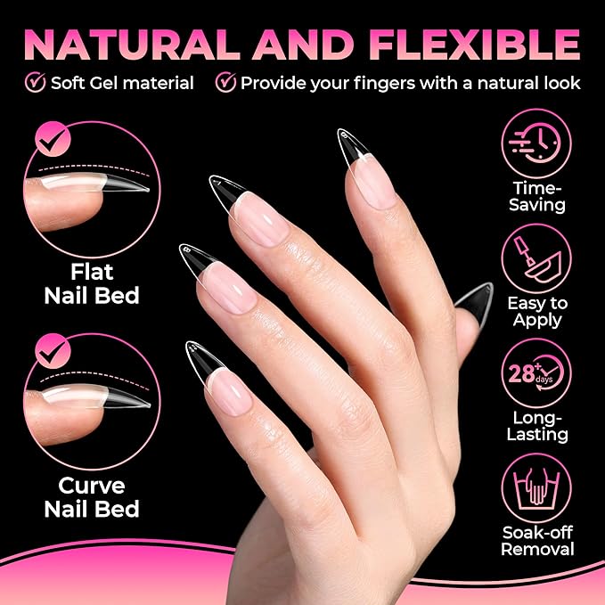 UNA GELLA Stiletto Gel Nail Tips:510Pcs Full Cover Nail Tips Medium Stiletto Almond Pre-etched Fake Clear Acrylic False Nails Sturdy Stiletto Press on Nails for Nail Extensions Home DIY Salon 15 Sizes