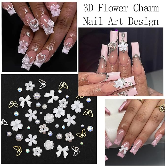 Flatback Nail Art Pearls Flower Bow Butterfly Nail Charms with Rhinestones Gold Silver Colorful Pearls Rhinestones Gems for Women Acrylic Manicure Decorations Supplies