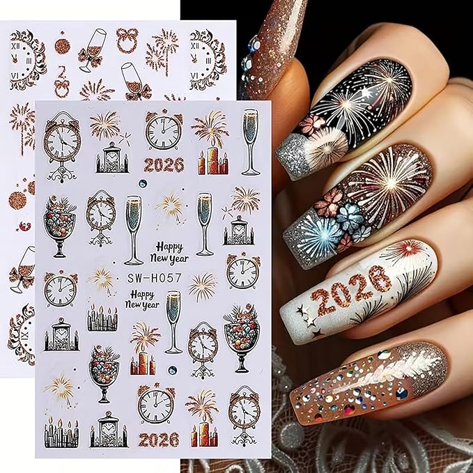 6Pcs Christmas Nail Art Stickers Decals 2026 New Year Fireworks Clock Nail Design Stickers Winter Xmas Nail Art Supplies 3D Self Adhesive Glitter Nail Decals Holiday Manicure Accessories for Women