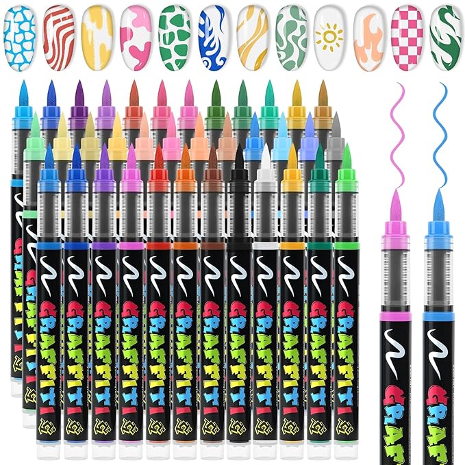 EBANKU 36 Colors Nail Art Pens Set, Quick Drying Nail Polish Pens 3D Soft-Tip Acrylic Paint Nail Pens for Nail Art, Nail Point Dotting Liner Pen Sets for Home & Salon Nail DIY Art Design Tools