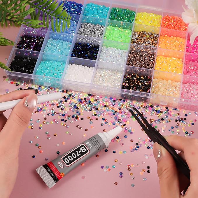 28 Colors Resin Jelly Rhinestones for Bedazzling, 3mm 26000Pcs Flatback Gems for Crafting, Bedazzling Kit with B7000 Glue for Clothing Shoes Nail Book Diamond Art